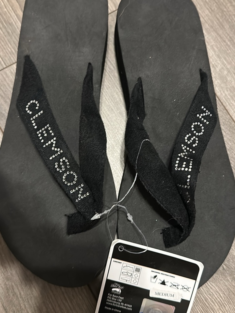 Black Women's Suede Flip Flop Sandals with Rhinestone Logo